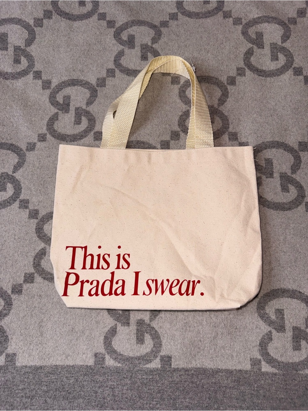 NWOT Beige Small Canvas Tote with Red Script - Picture 2 of 8
